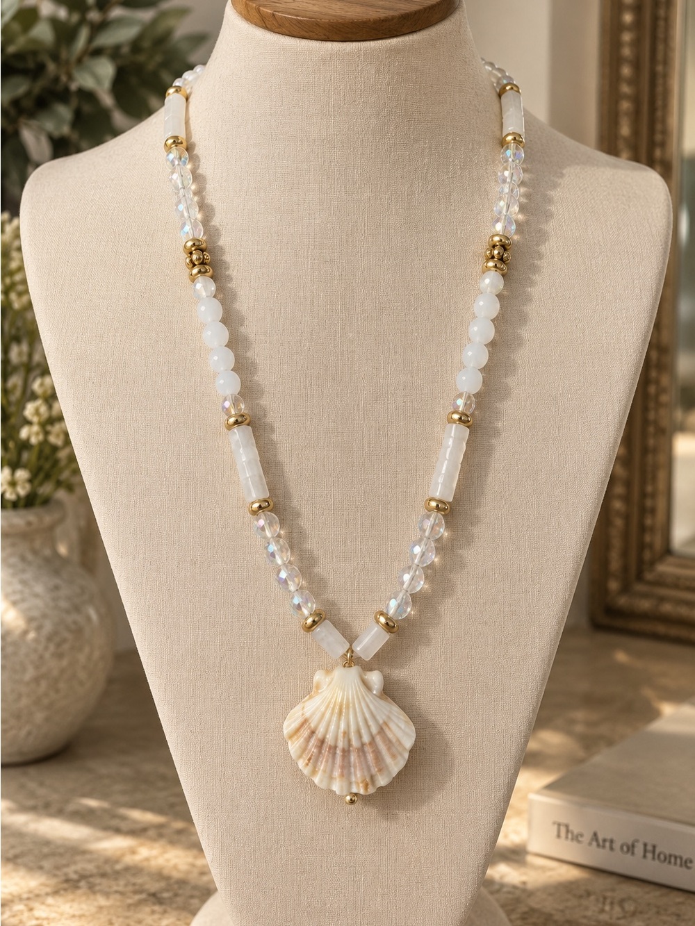 Gold-Accent White Beaded and stone Shell Pendant Necklace